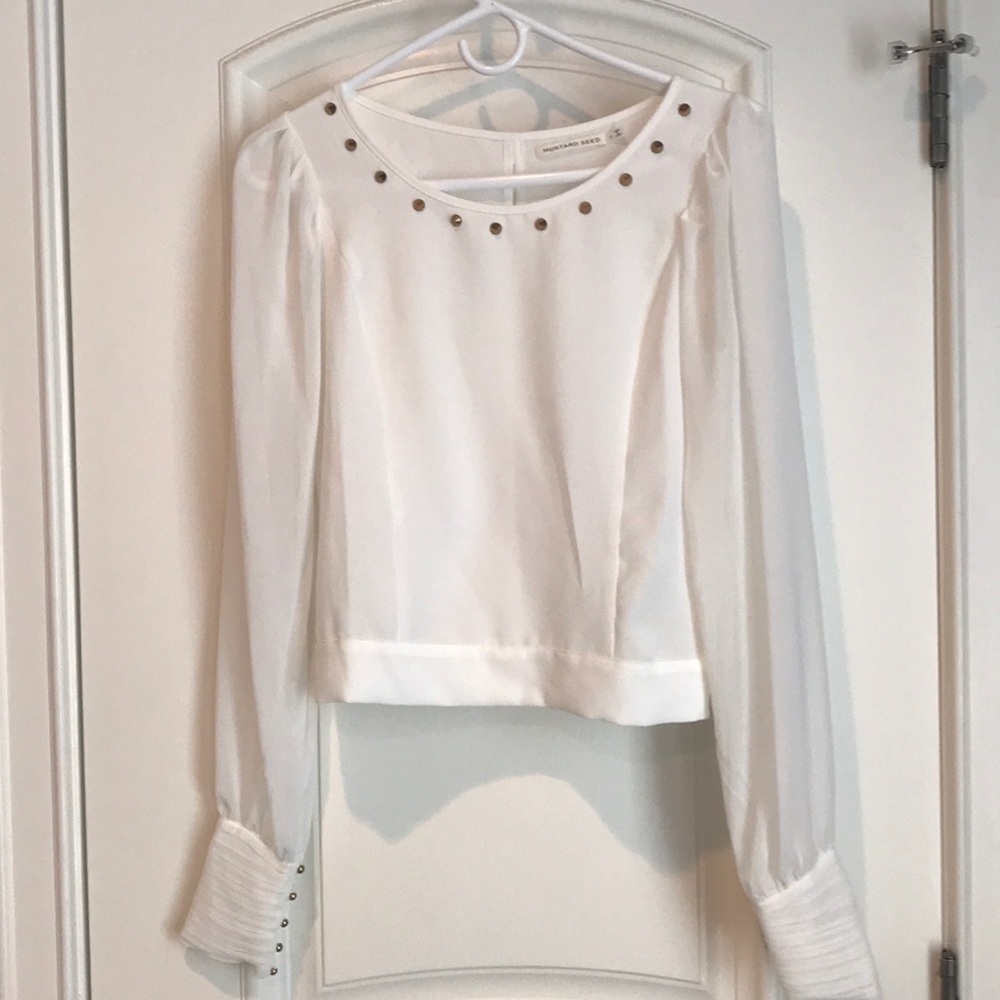 Long sleeve sheer white top with stud detail